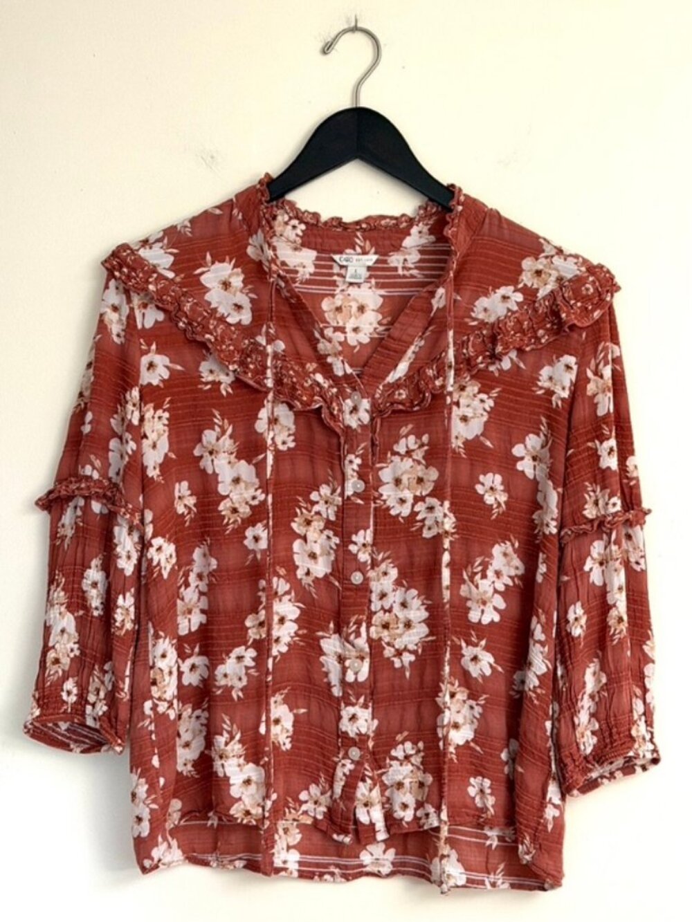 CATO Rust Floral Ruffle Tie Neck Button Down Blouse Top Large